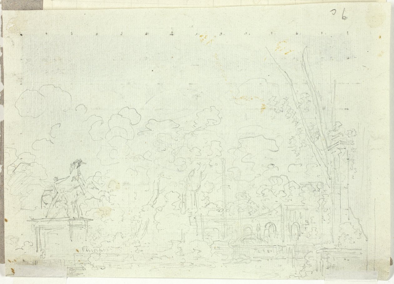 Vista do parque de Versalhes: Estátua equestre entre árvores de Pierre Antoine Mongin