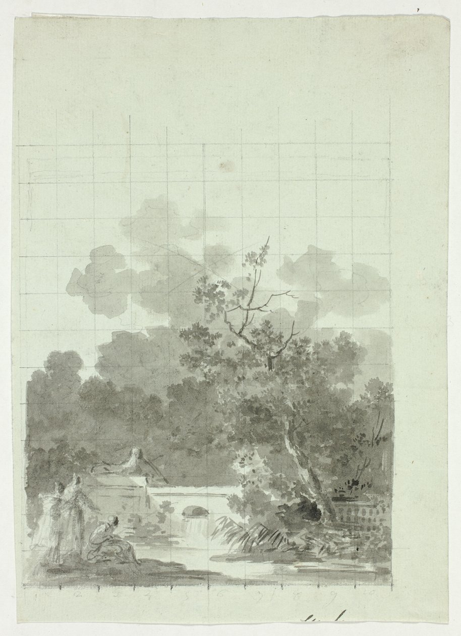 Vista do parque de Versalhes: Pesca no lago perto de um bosque de árvores de Pierre Antoine Mongin