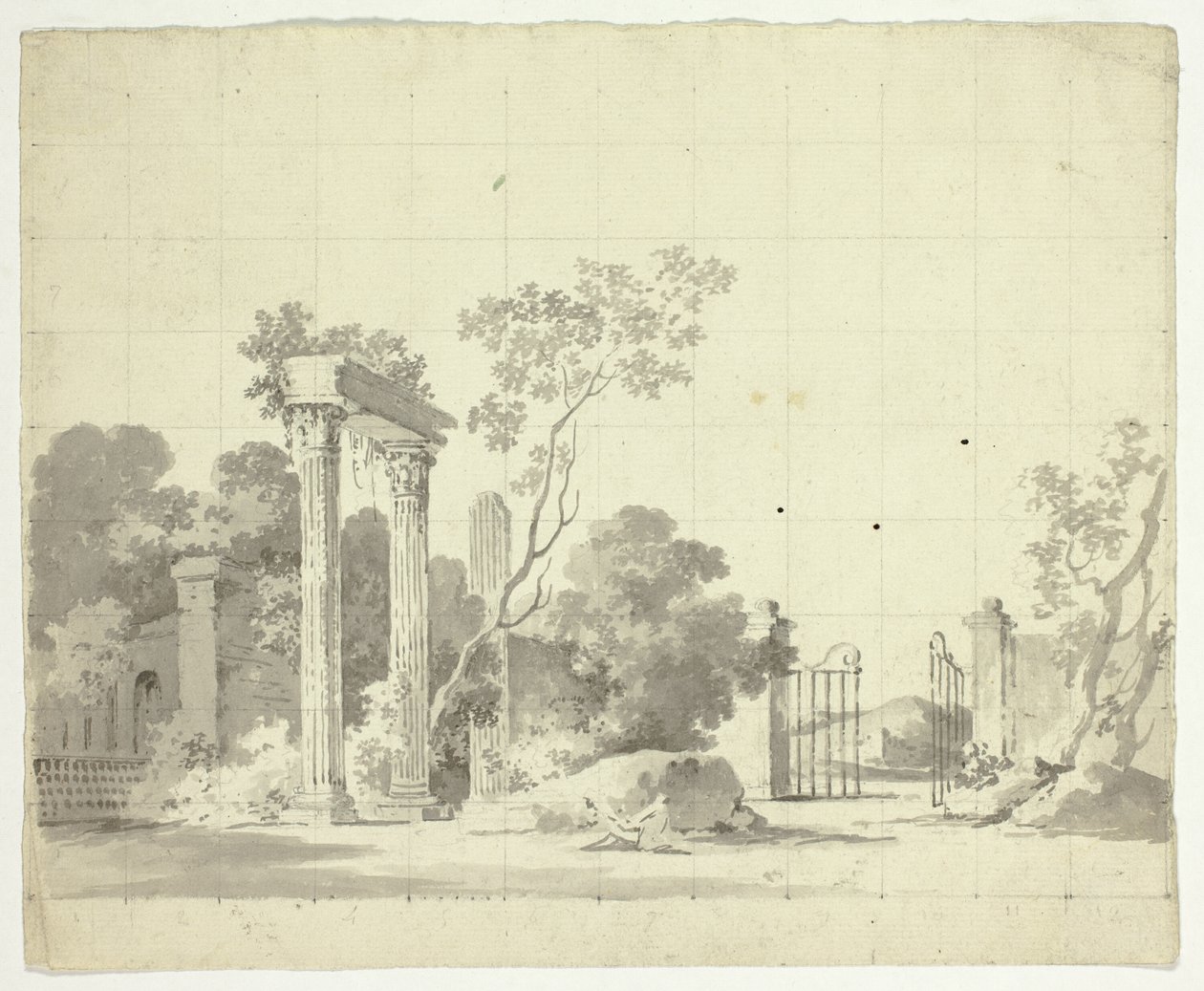 Vista do parque de Versalhes: Colunas em ruínas e um portão de ferro aberto de Pierre Antoine Mongin