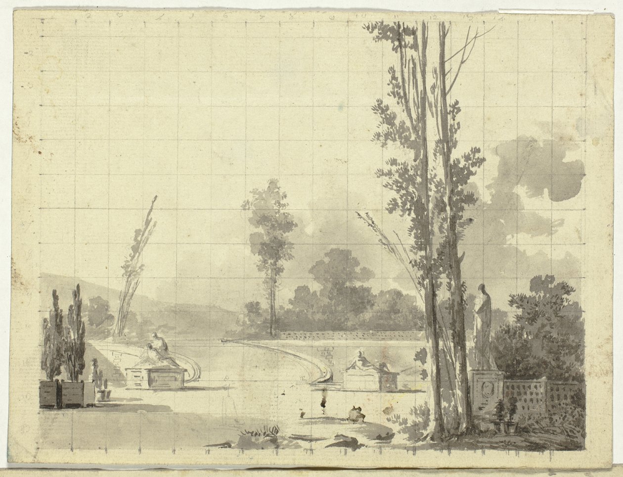 Vista do parque de Versalhes: Escadaria e dois choupos de Pierre Antoine Mongin