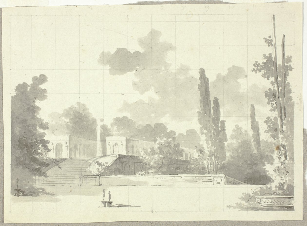Vista do parque de Versalhes: Escada para o terraço com templo e coluna de Pierre Antoine Mongin