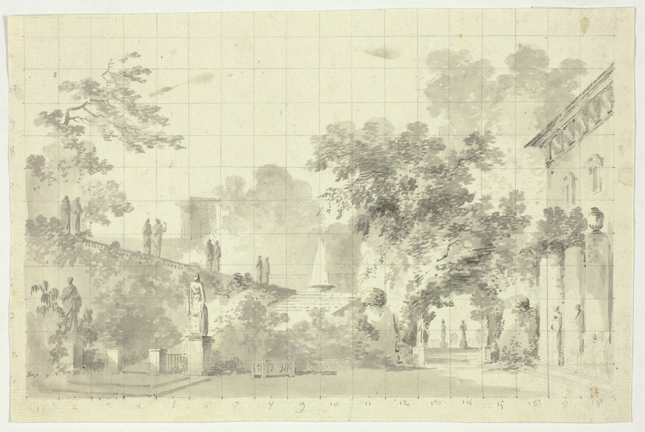 Vista do parque de Versalhes: Estátuas e uma fonte de Pierre Antoine Mongin