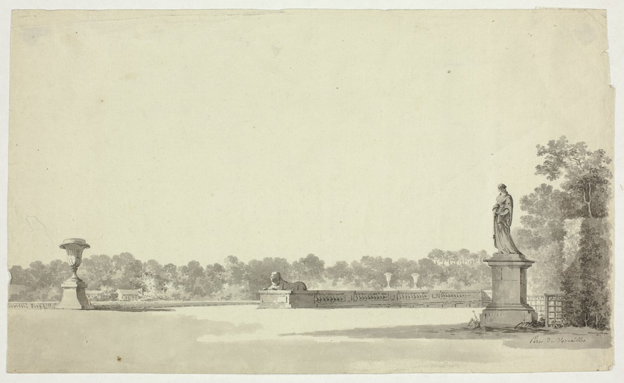 Vista do parque de Versalhes: Terraço com Urna, Esfinge e Estátua Feminina de Pierre Antoine Mongin