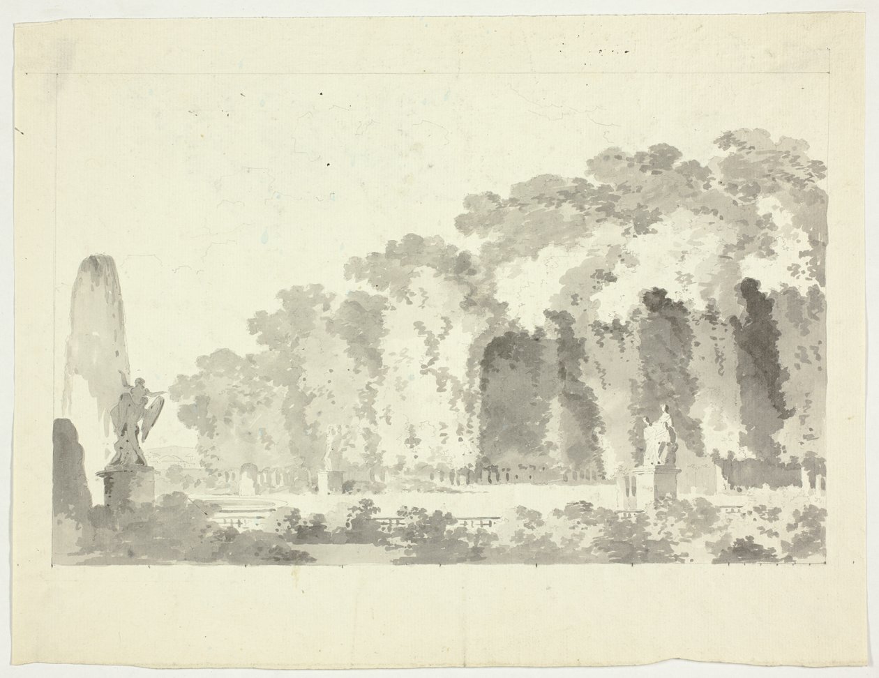 Vista do parque de Versalhes: Árvores e estatuária de Pierre Antoine Mongin