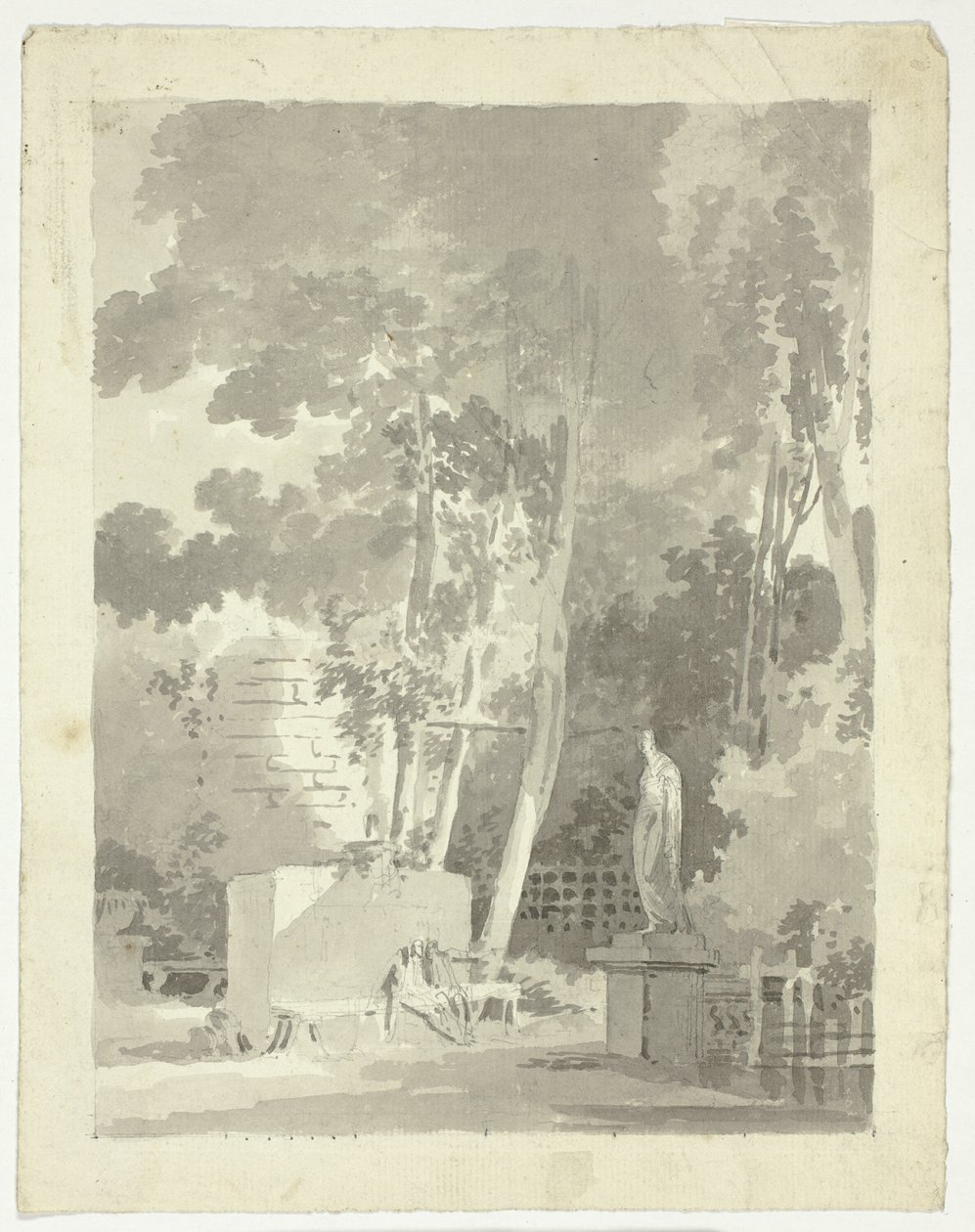 Vista do parque de Versalhes: Duas figuras num banco numa clareira, estátua feminina perto de Pierre Antoine Mongin