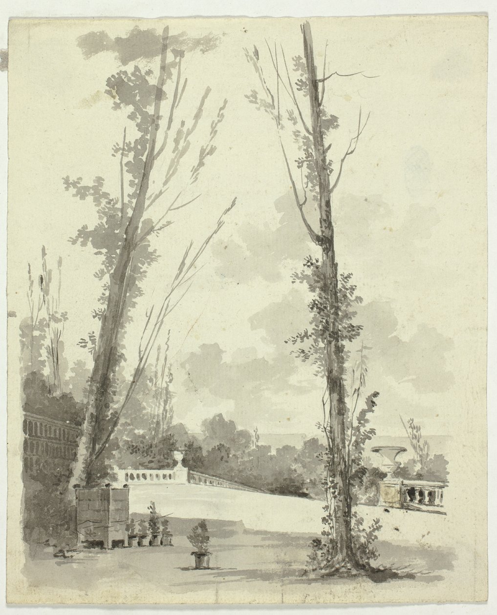 Vista do parque de Versalhes: Dois choupos com um passeio com balaustrada ao fundo de Pierre Antoine Mongin
