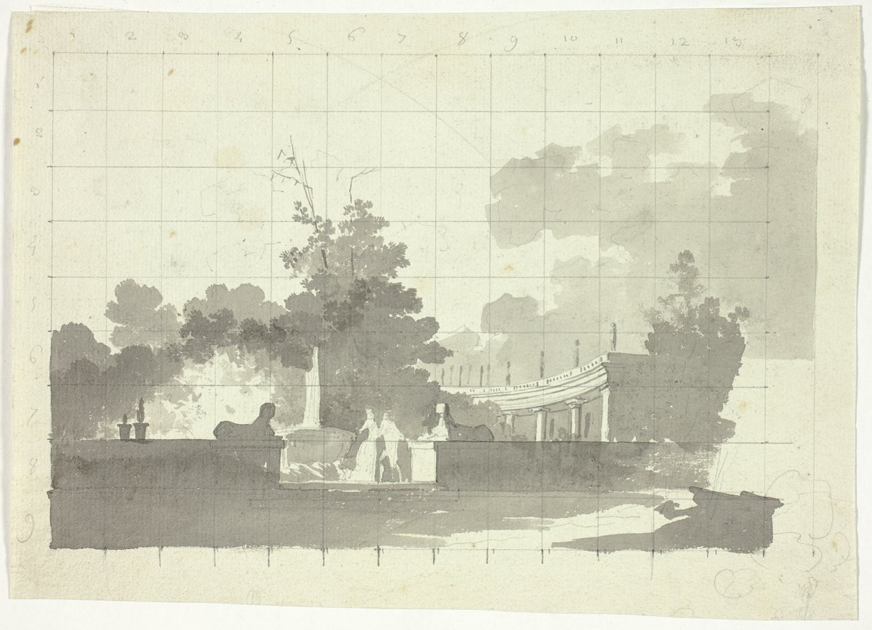 Vista do parque de Versalhes: Duas esfinges e um casal perto de uma colunata de Pierre Antoine Mongin