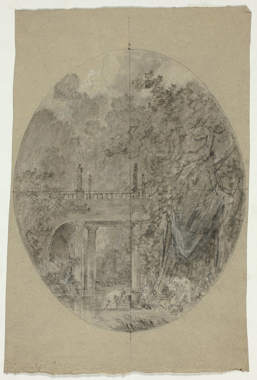 Vista do parque de Versalhes: Mulheres a banharem-se debaixo de uma ponte de Pierre Antoine Mongin