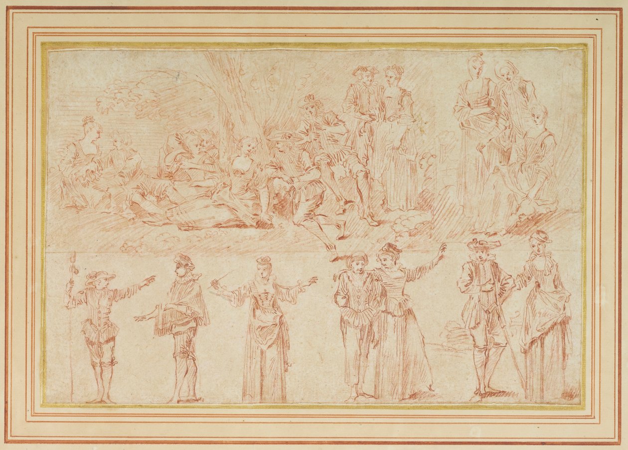 Dois fetes galantes e estudos de figuras individuais e pares (giz vermelho sobre papel) de Pierre Antoine Quillard