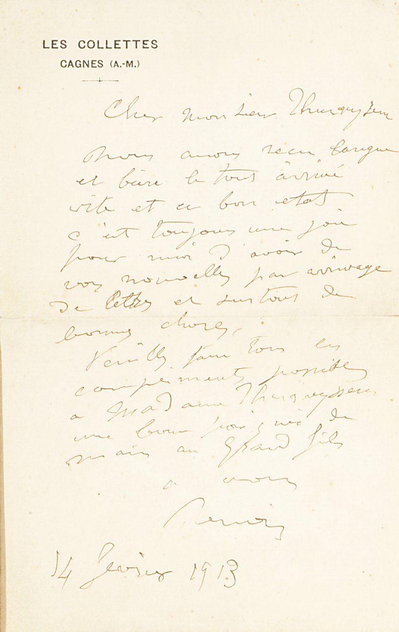Carta de autógrafos assinada ao Dr. Fritz Thurneyssen, Paris e Les Collettes, 24 de junho de 1908 de Pierre Auguste Renoir