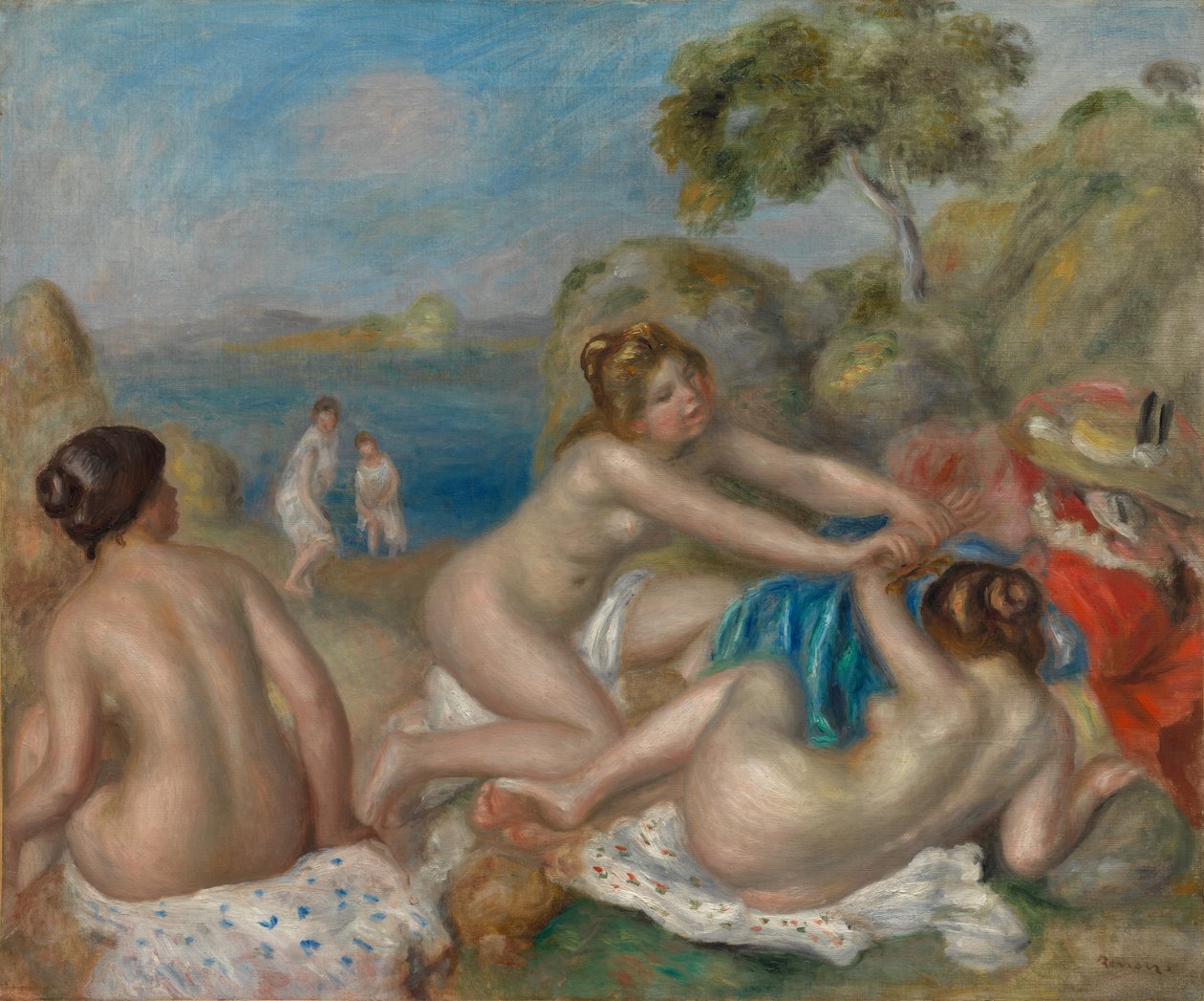 Banhistas brincando com um caranguejo de Pierre Auguste Renoir