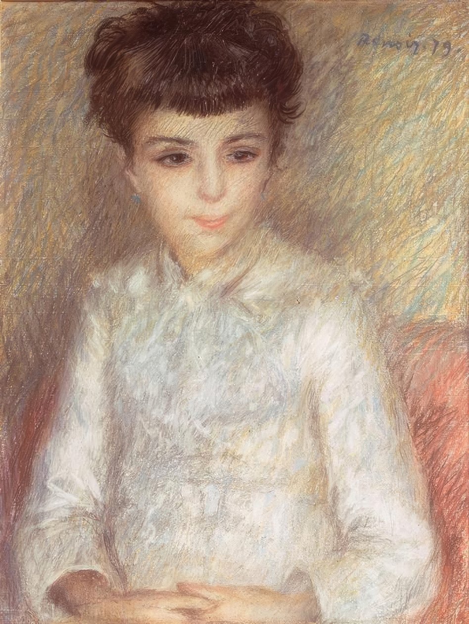 Retrato de uma jovem garota com cabelos castanhos de Pierre Auguste Renoir