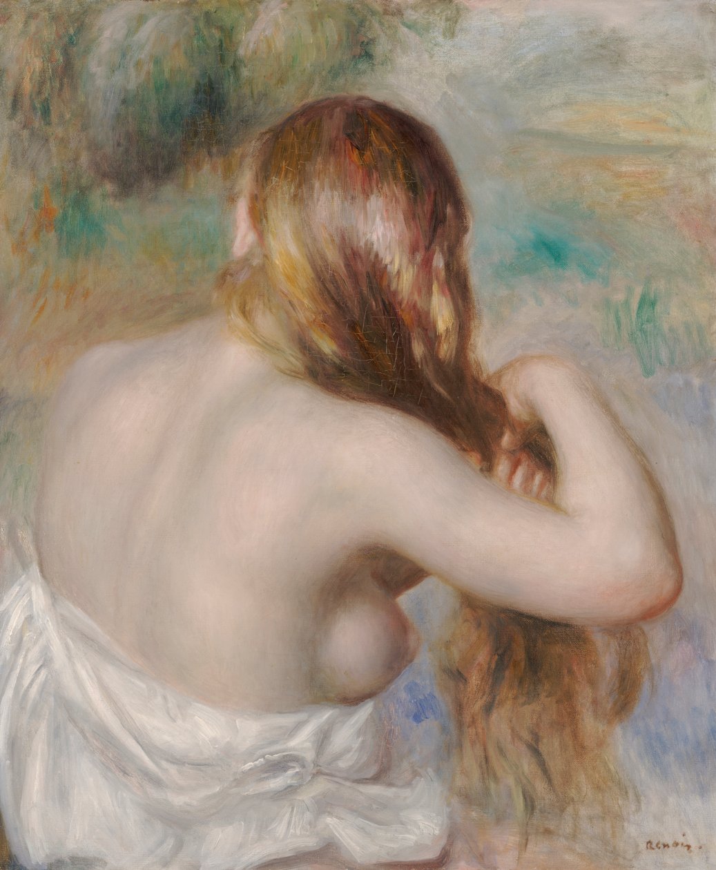 Loira a trançar o seu cabelo de Pierre Auguste Renoir