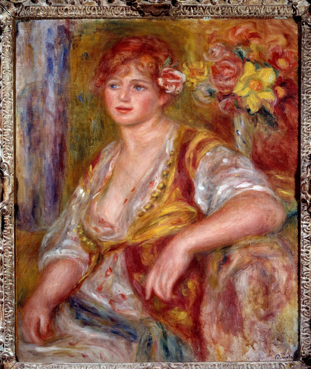 A loira tem a rosa. Retrato de Andree Madeleine Heuschling (1900-1979) apelidada de "Dedee", uma comediante conhecida como Catherine Hessling (ela se casou com Jean Renoir em 1920). Pintura de Pierre Auguste Renoir (1841-1919), por volta de 1915. Óleo sobr de Pierre Auguste Renoir