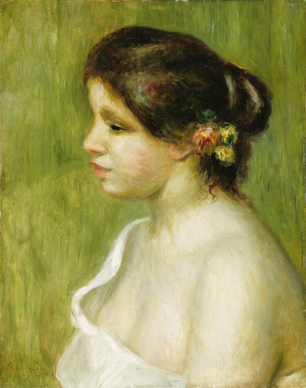 Busto de uma jovem garota com flores decorando sua orelha, 1898 de Pierre Auguste Renoir