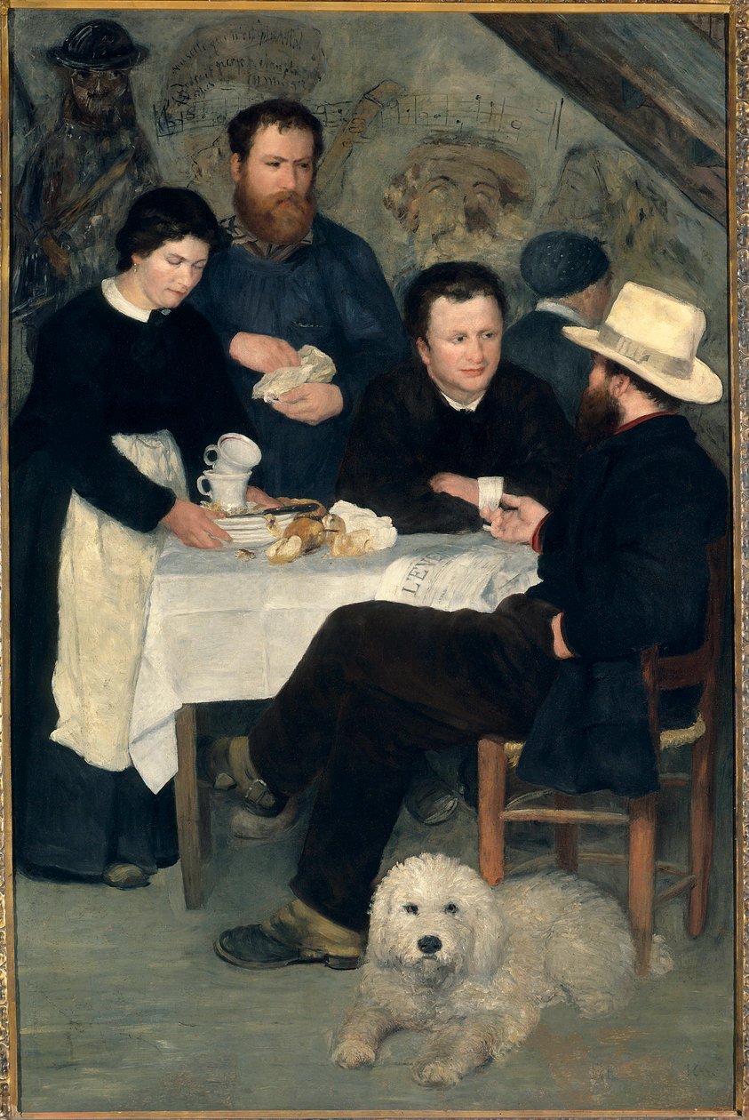 Chez la Mere Antony a Marlotte (Bourron-Marlotte (77)): Claude Monet, Alfred Sisley e Charles Le Coeur ao redor da mesa com Mere Anthony, Pintura de Pierre Auguste Renoir (1841-1919) de Pierre Auguste Renoir