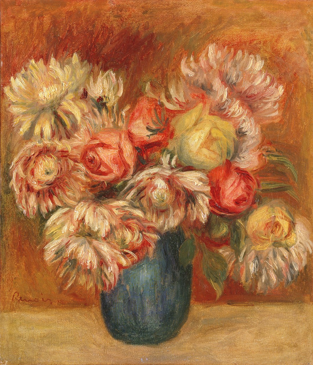 Crisântemos em um vaso verde (óleo sobre tela) de Pierre Auguste Renoir