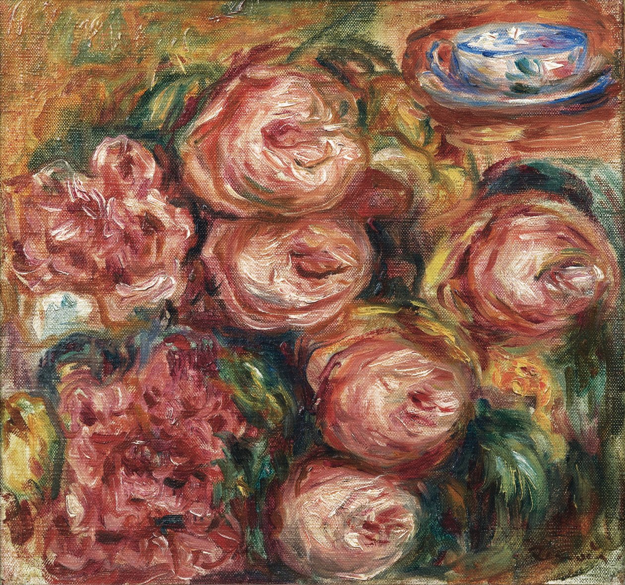 Composição com rosas e uma xícara de chá de Pierre Auguste Renoir