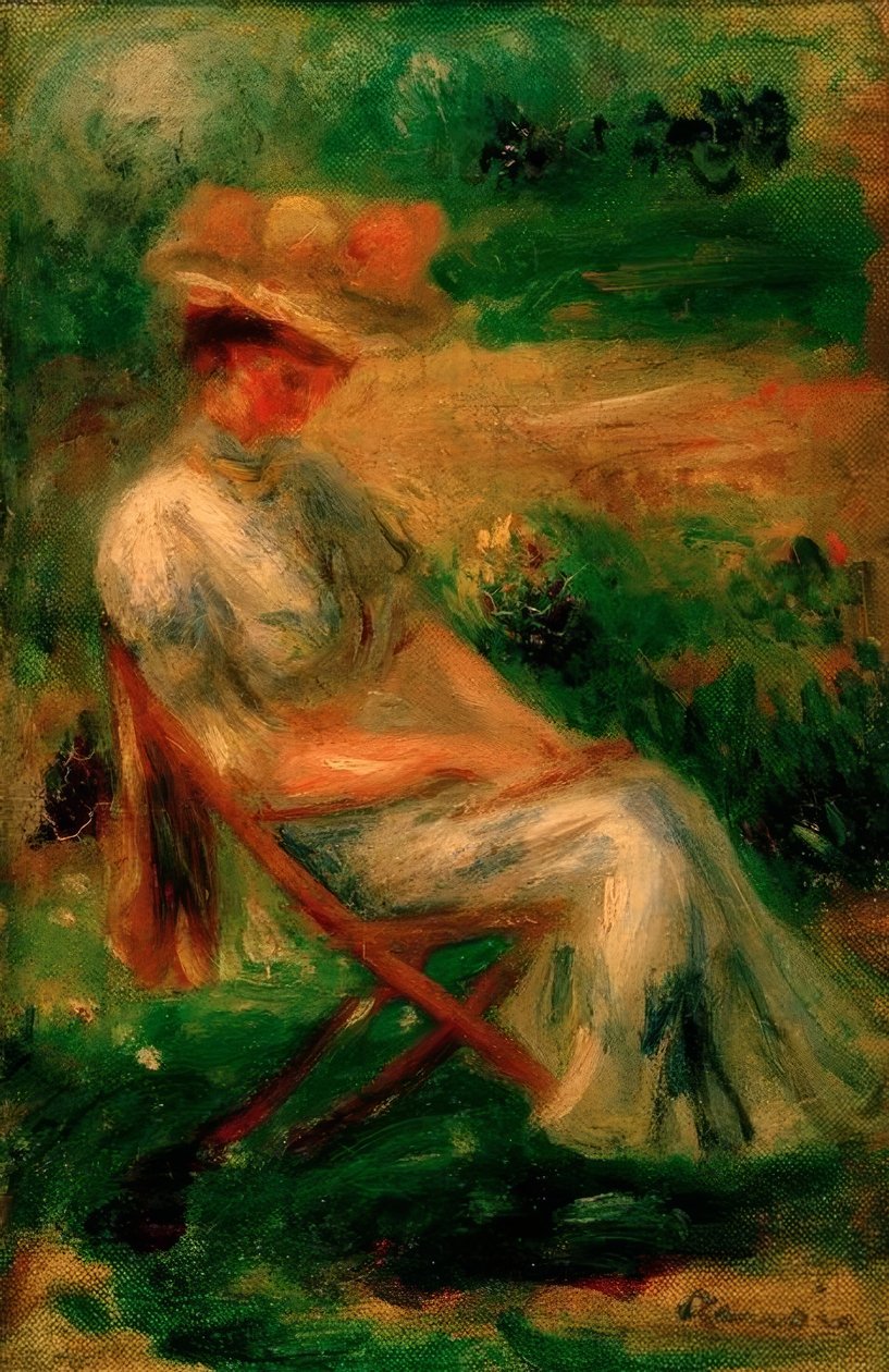 Mulher sentada num jardim de Pierre Auguste Renoir