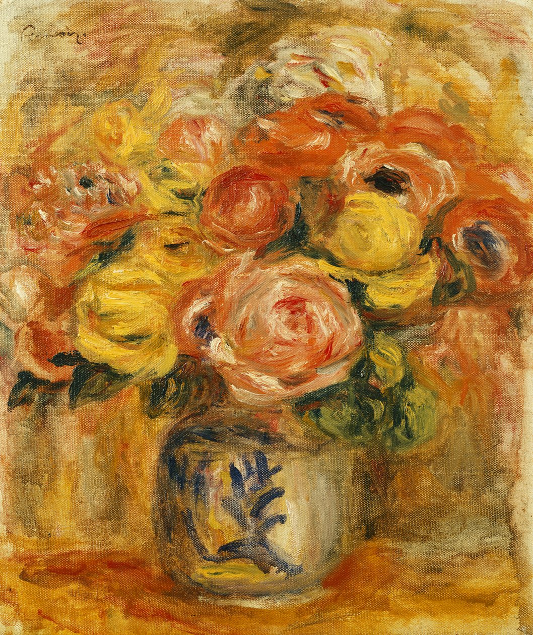 Flores em um vaso azul e branco; Flores em um vaso azul e branco, 1915 de Pierre Auguste Renoir