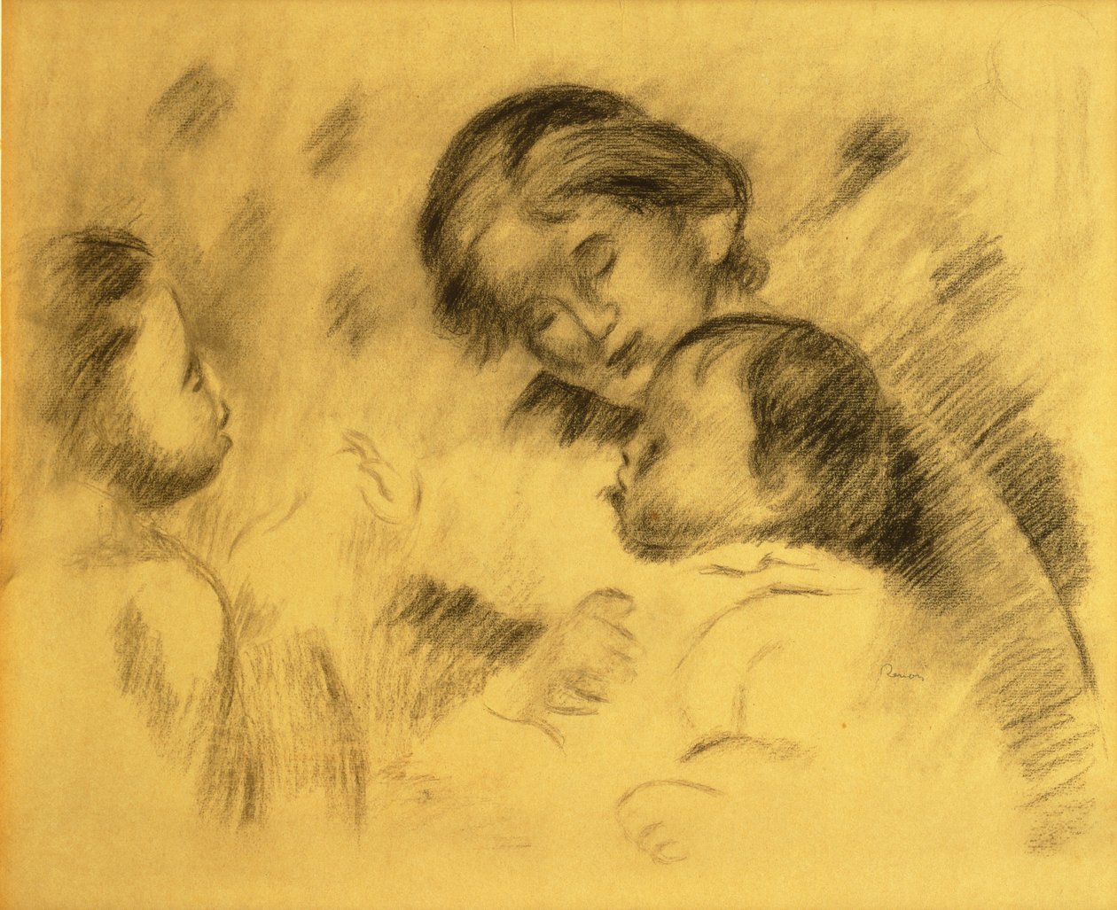 Gabrielle Renard com Jean Renoir e uma garotinha, c.1895-96 (giz preto a bordo) de Pierre Auguste Renoir
