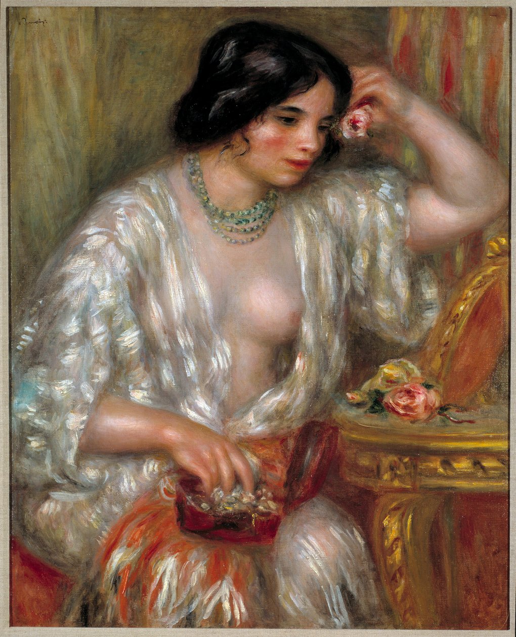 Gabrielle com jóias: Gabrielle Renard, enfermeira do filho da artista. Pintura de Pierre Auguste Renoir (1841-1919) de Pierre Auguste Renoir