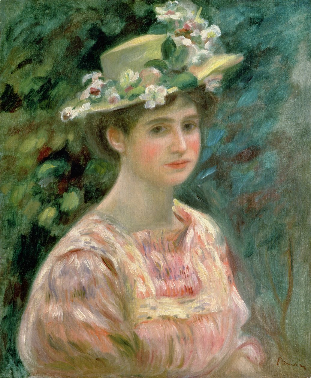 Menina, com, eglantines, ligado, dela, chapéu, c.1896 de Pierre Auguste Renoir