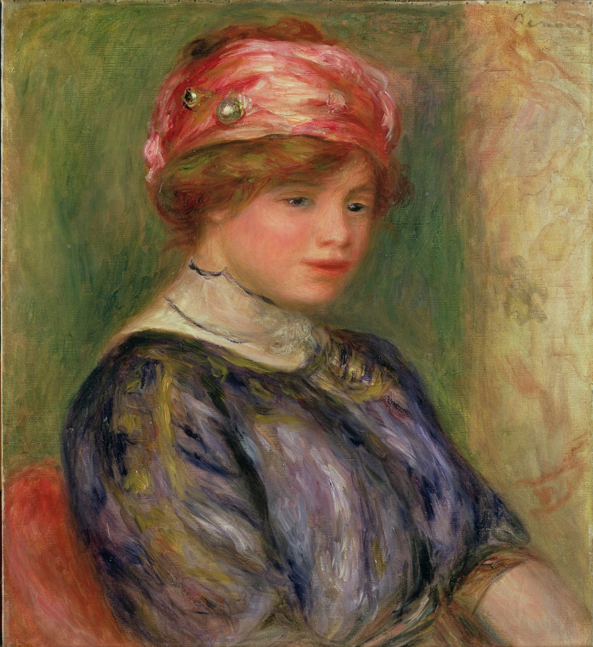 Menina com um chapéu cor-de-rosa de Pierre Auguste Renoir