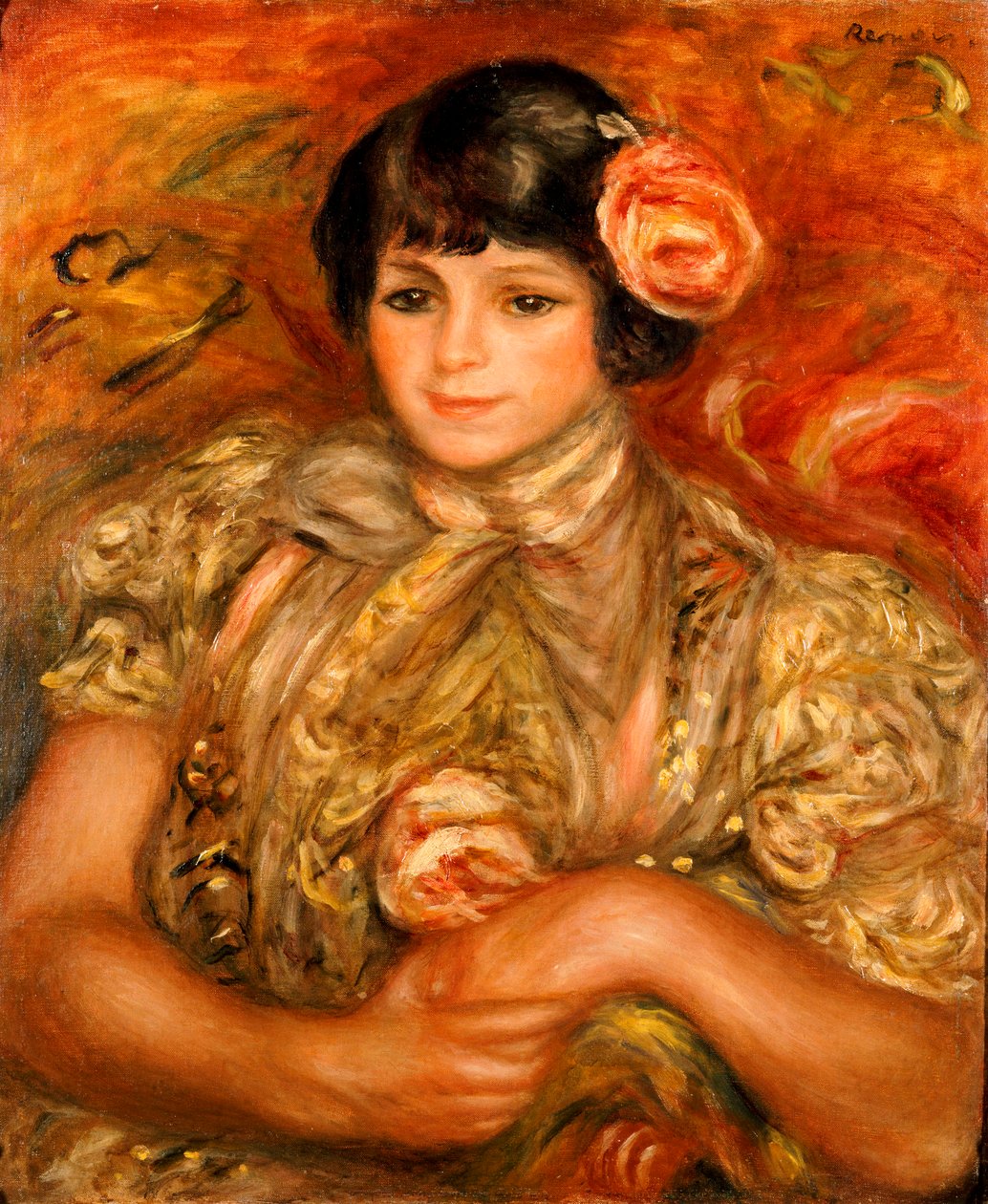 Menina com uma rosa (óleo sobre tela) de Pierre Auguste Renoir