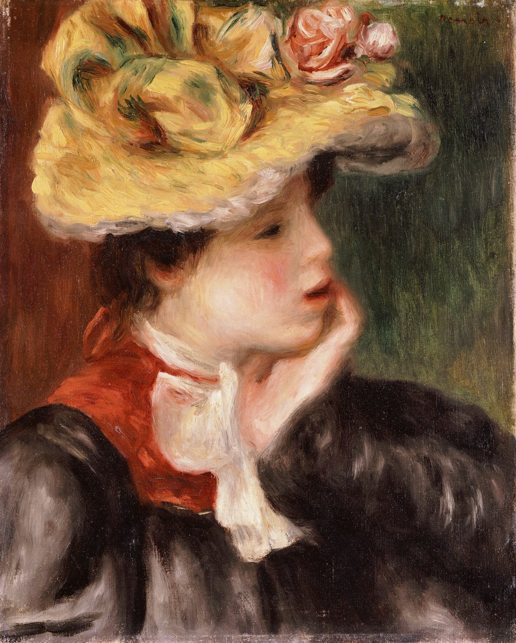 Cabeça de uma menina com um chapéu amarelo de Pierre Auguste Renoir