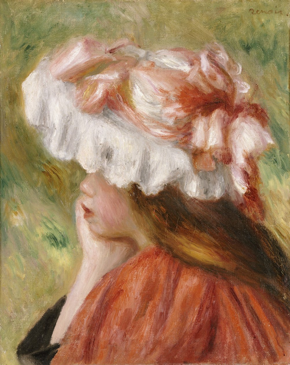 Cabeça de uma jovem garota de chapéu vermelho de Pierre Auguste Renoir