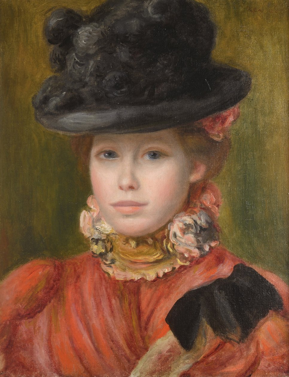Jeune fille au chapeau noir et fleur rouge - Menina de chapéu preto com flores vermelhas de Renoir, Pierre Auguste (1841-1919), c. 1890 - Óleo sobre tela - Coleção Particular de Pierre Auguste Renoir