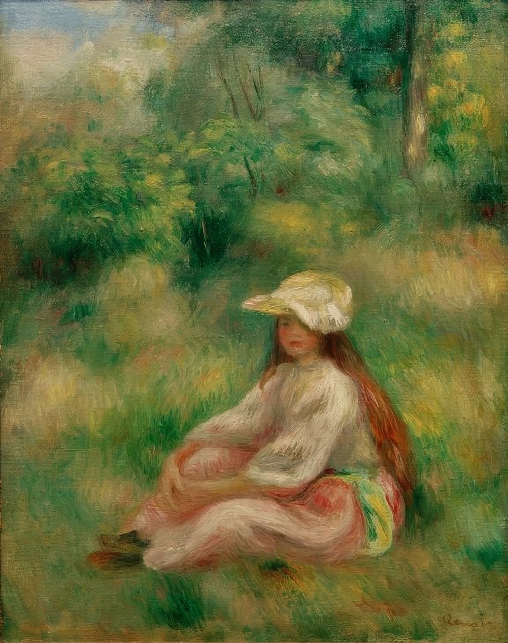 Garota de rosa em uma paisagem de Pierre-Auguste Renoir