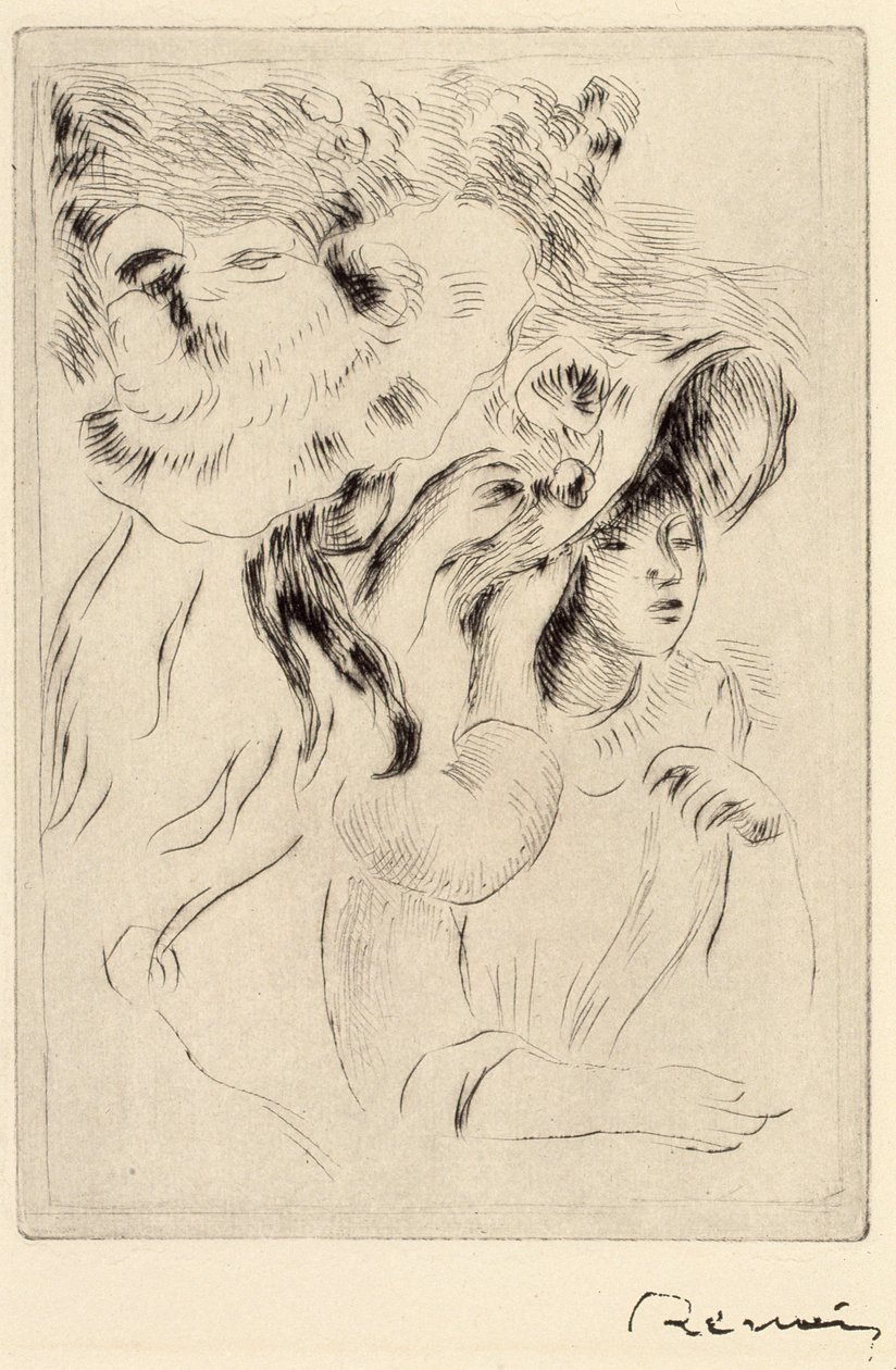 Le Chapeau Epignele, Alfinetando o Chapéu, c1894. de Pierre Auguste Renoir