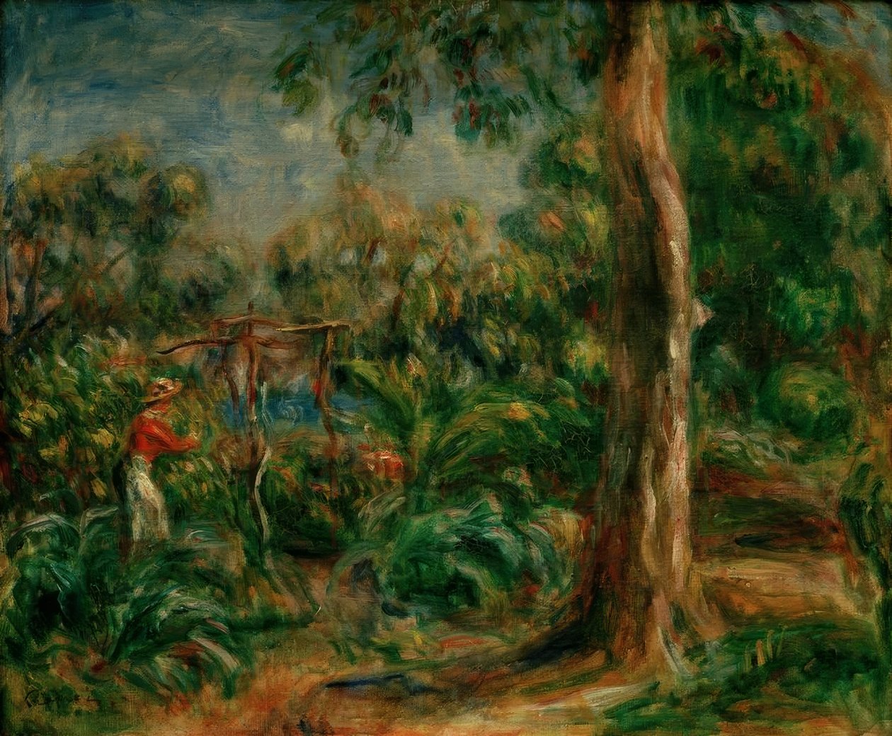 A grande árvore. Mulher com corpete vermelho no jardim do Ca de Pierre Auguste Renoir