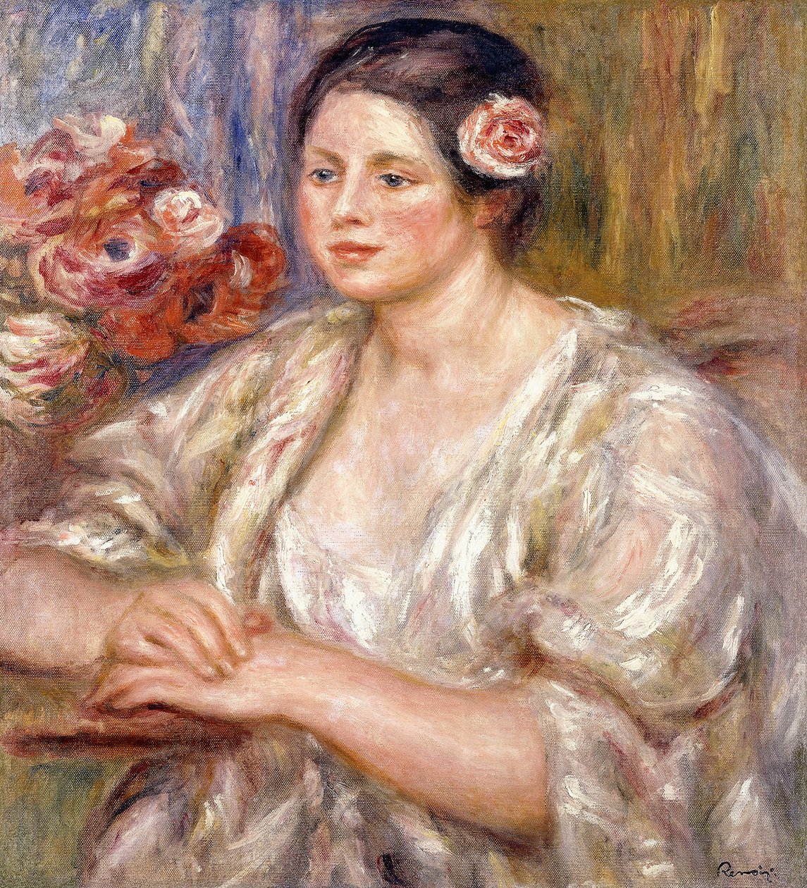 Madeleine em uma blusa branca e buquê de flores, c.1915-1919 de Pierre Auguste Renoir