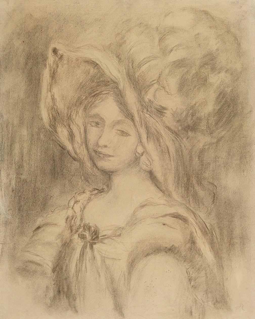 Mme Dieterle em um chapéu, c.1896 (carvão sobre papel) de Pierre Auguste Renoir