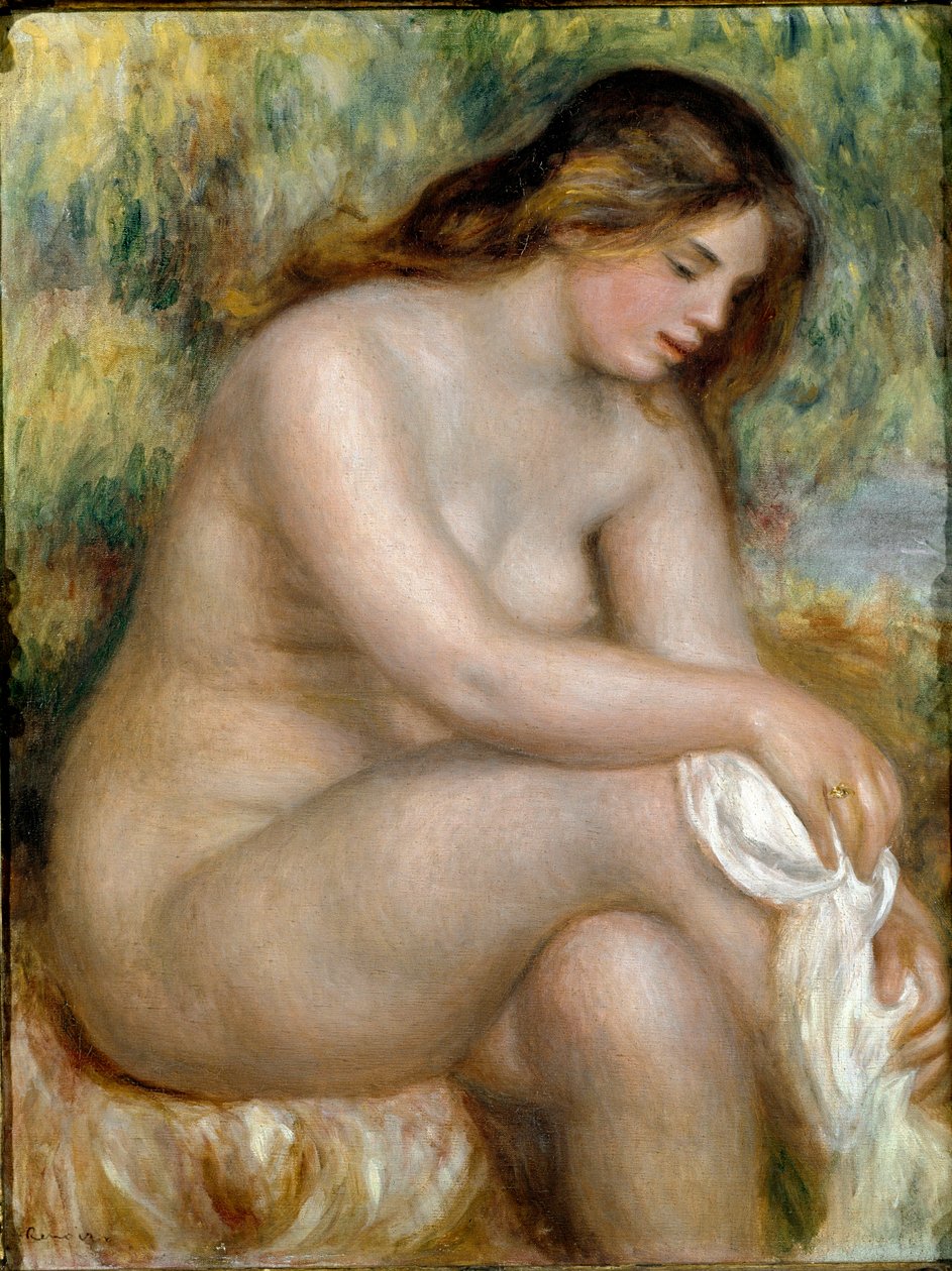 Nua sentada (banhista limpando a perna) de Pierre Auguste Renoir