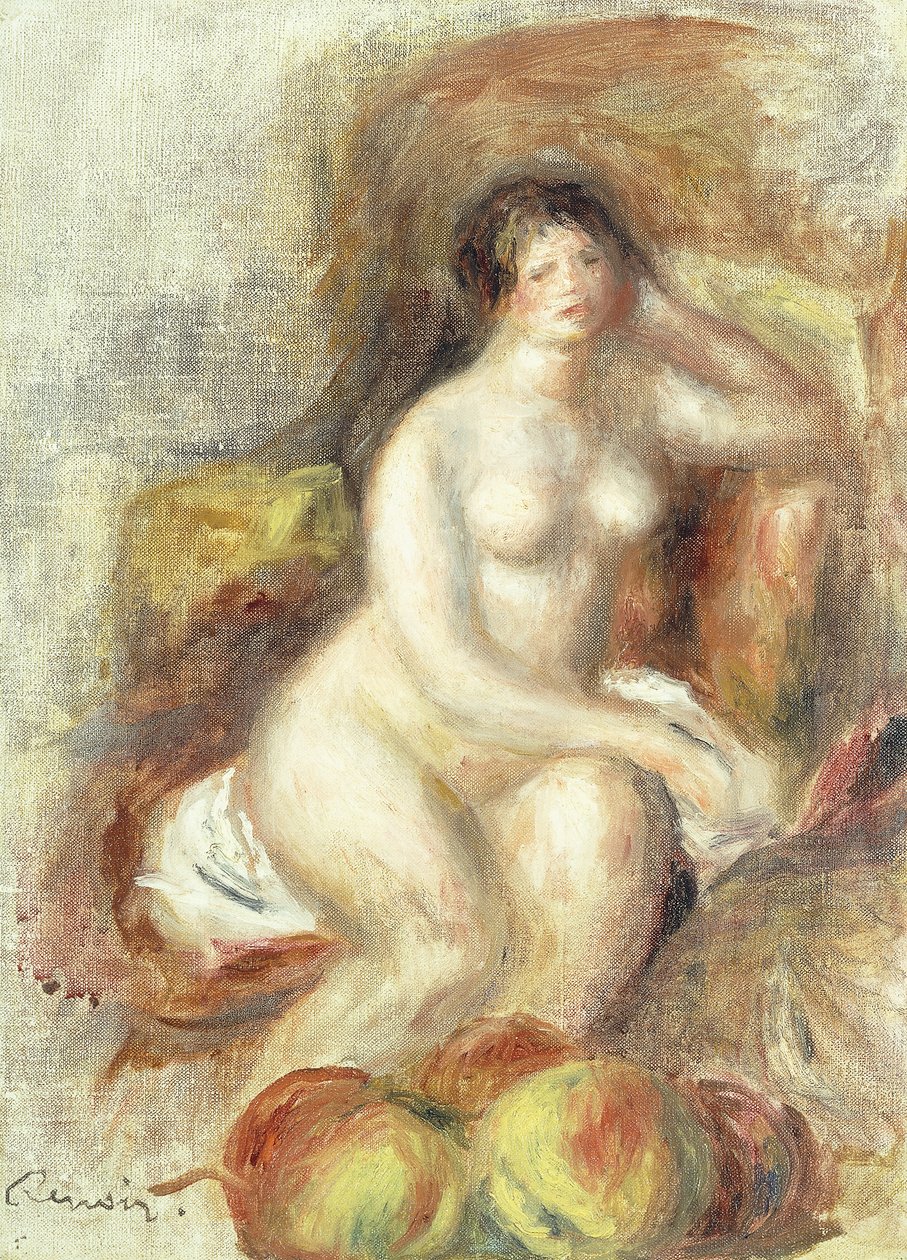 Mulher nua sentada com maçãs; Mulher nua, sentando, e, maçãs, c.1908 de Pierre Auguste Renoir