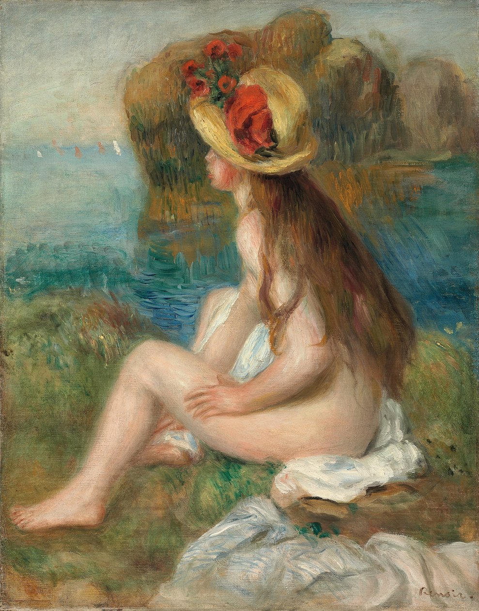 Nu com um chapéu de palha ao lado do mar, 1892 de Pierre Auguste Renoir