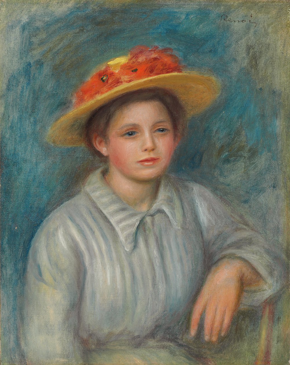 Retrato de uma mulher com um chapéu com flores; Retrato de mulher de chapéu floral, c.1890 de Pierre Auguste Renoir