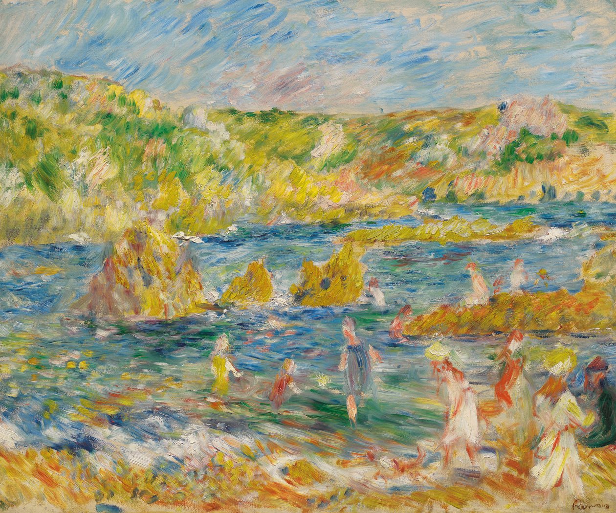 Guernsey Rocks with Figures Beach em Guernsey, 1883. de Pierre Auguste Renoir