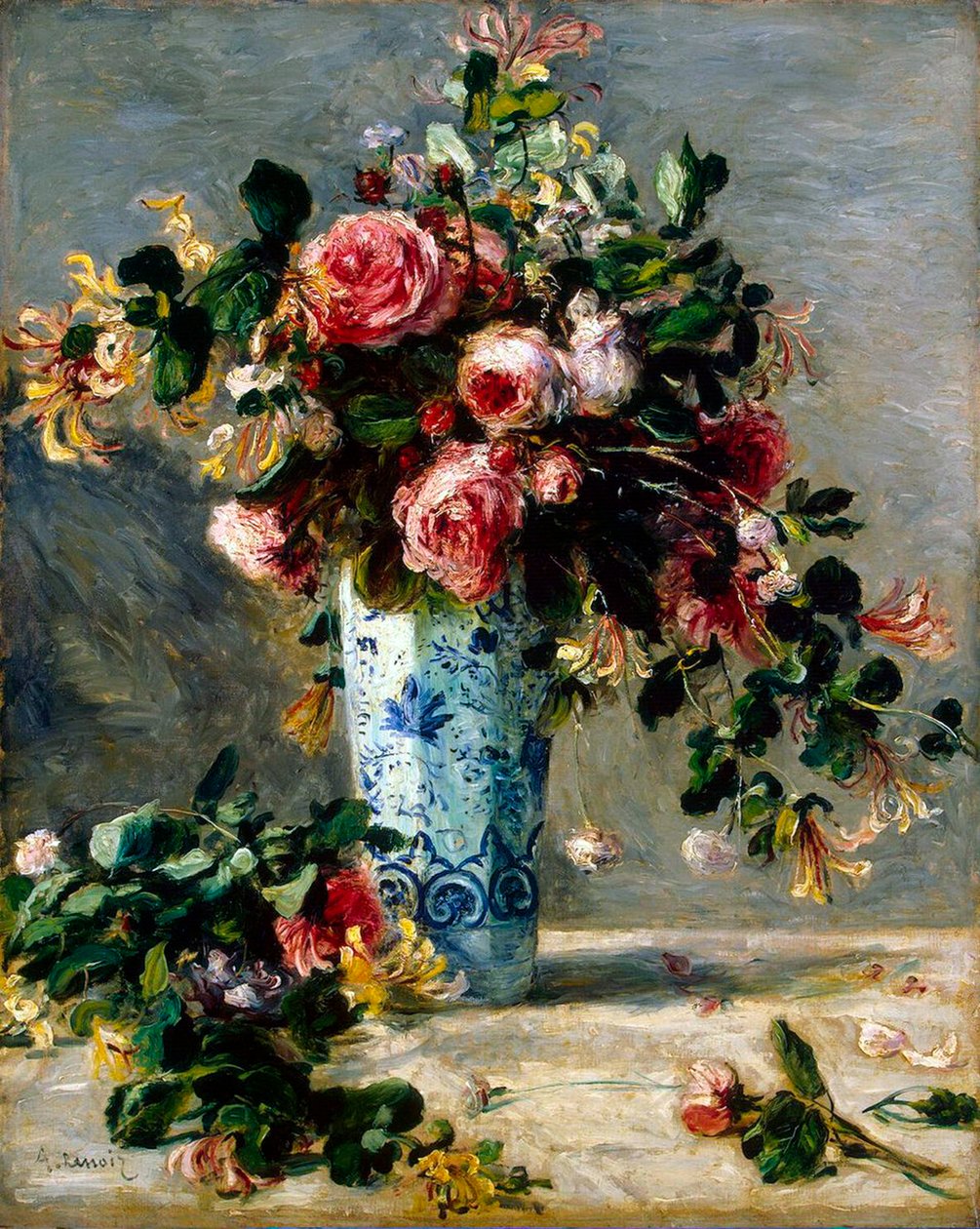 Rosas e jasmim em um vaso de Delft, 1880-1881. de Pierre Auguste Renoir