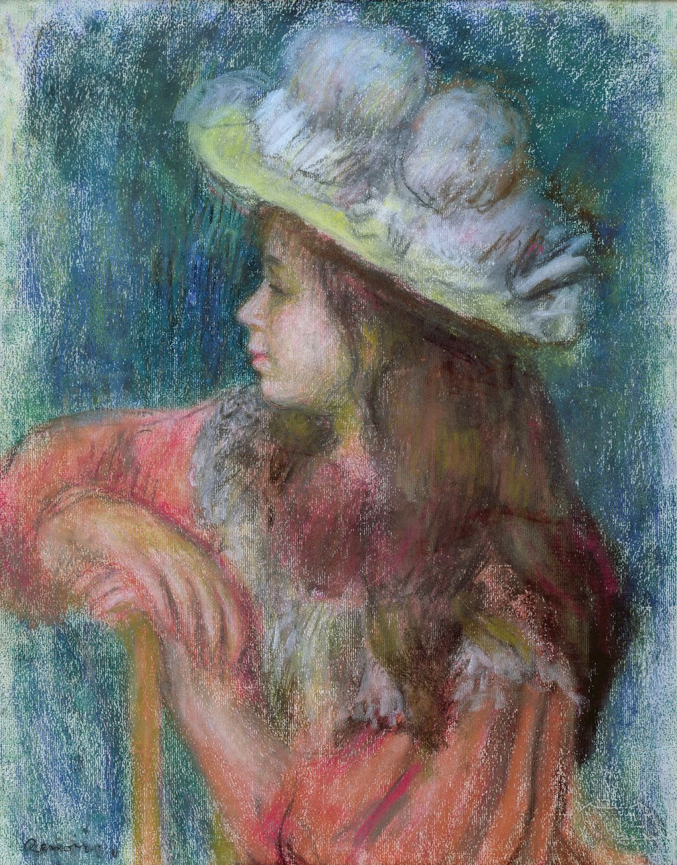 Jovem sentada em um chapéu branco, 1884 (pastel sobre papel) de Pierre Auguste Renoir