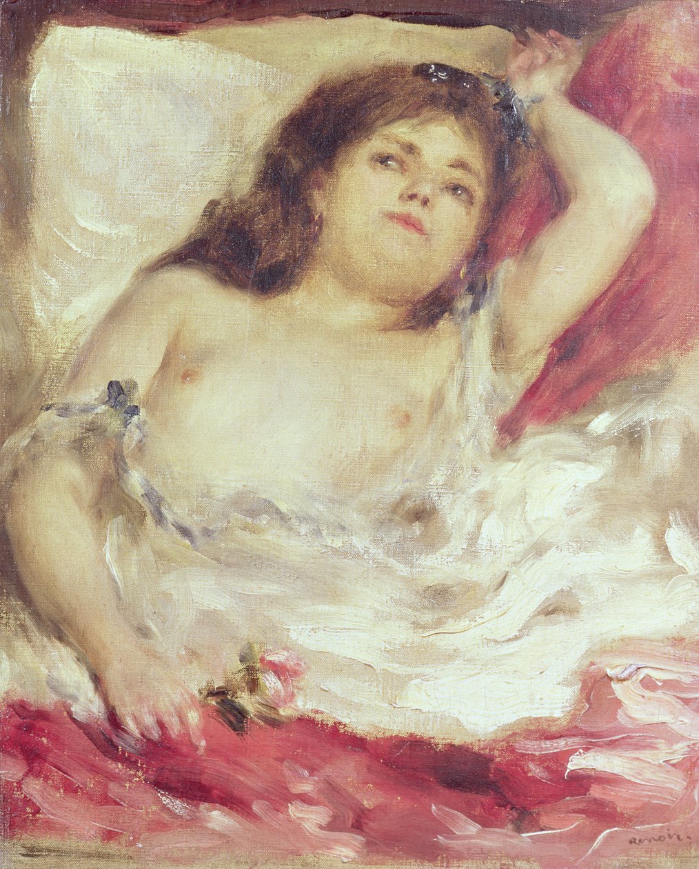 Mulher semi-nua na cama: The Rose, antes de 1872 (óleo sobre tela) de Pierre Auguste Renoir