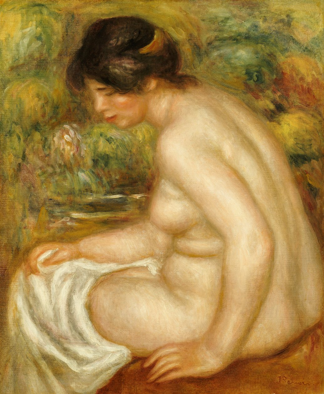 Vista lateral de um banhista sentado de Pierre Auguste Renoir