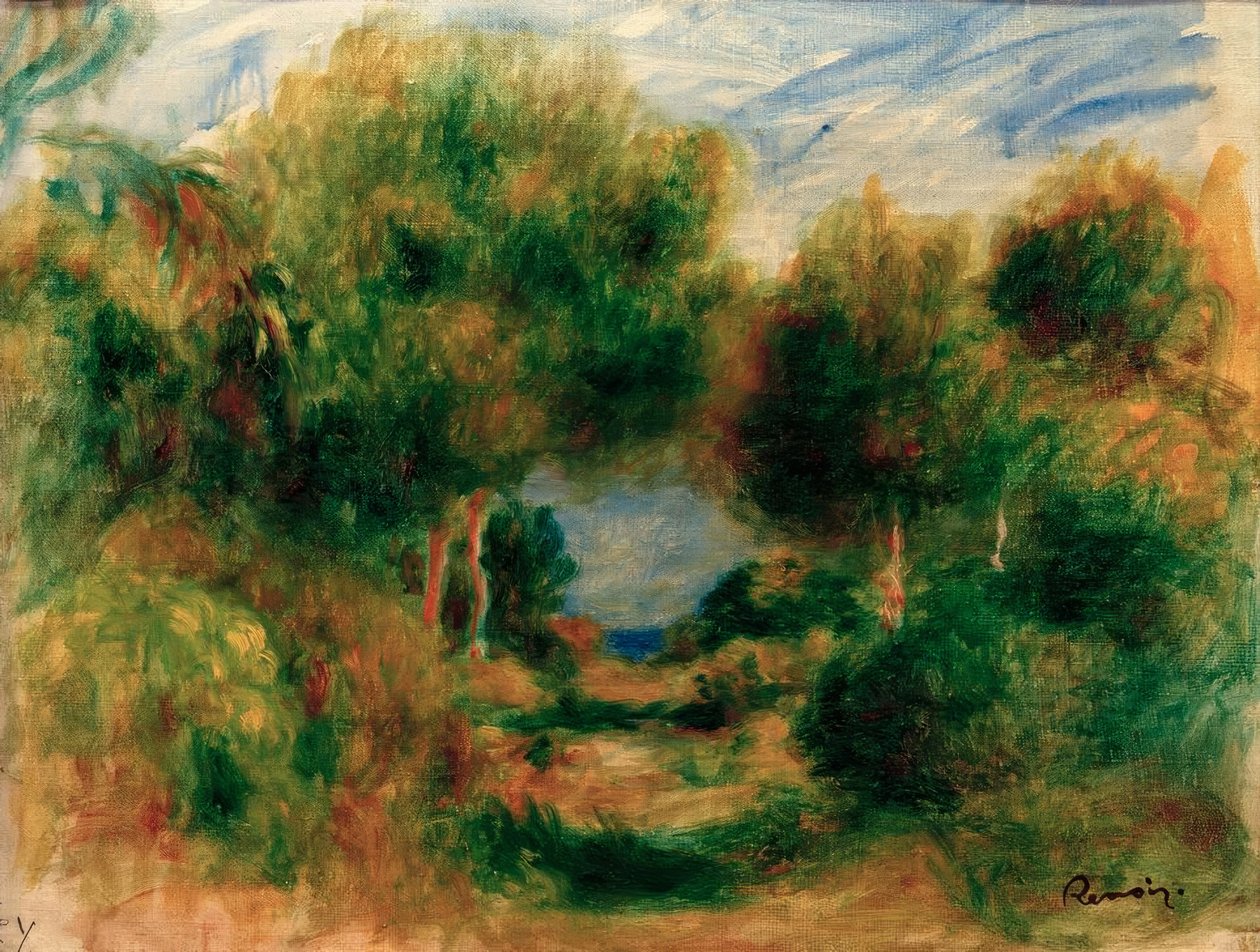 Fora da madeira, mar no fundo de Pierre Auguste Renoir