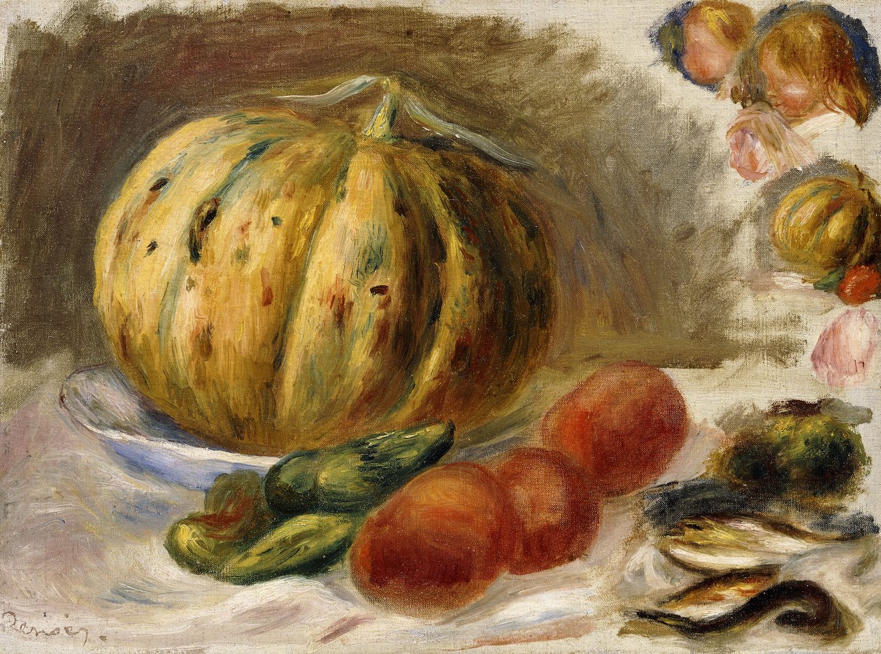 Ainda vida com melão e tomate; Nature Morte au Melon et Tomates, c.1900 de Pierre Auguste Renoir