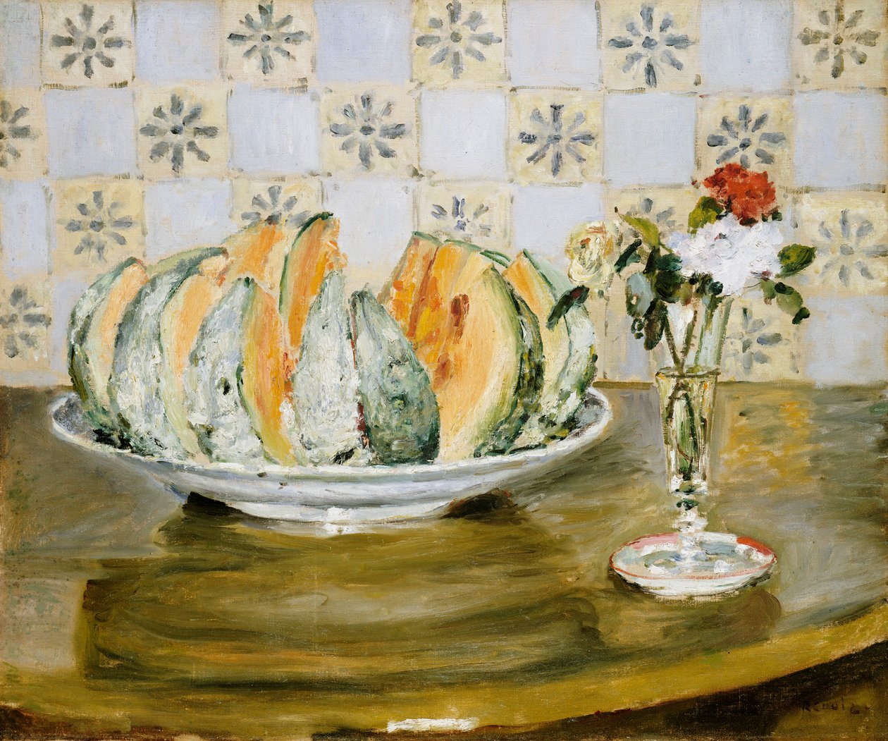 Ainda vida de um melão e um vaso de flores, c.1872 de Pierre Auguste Renoir
