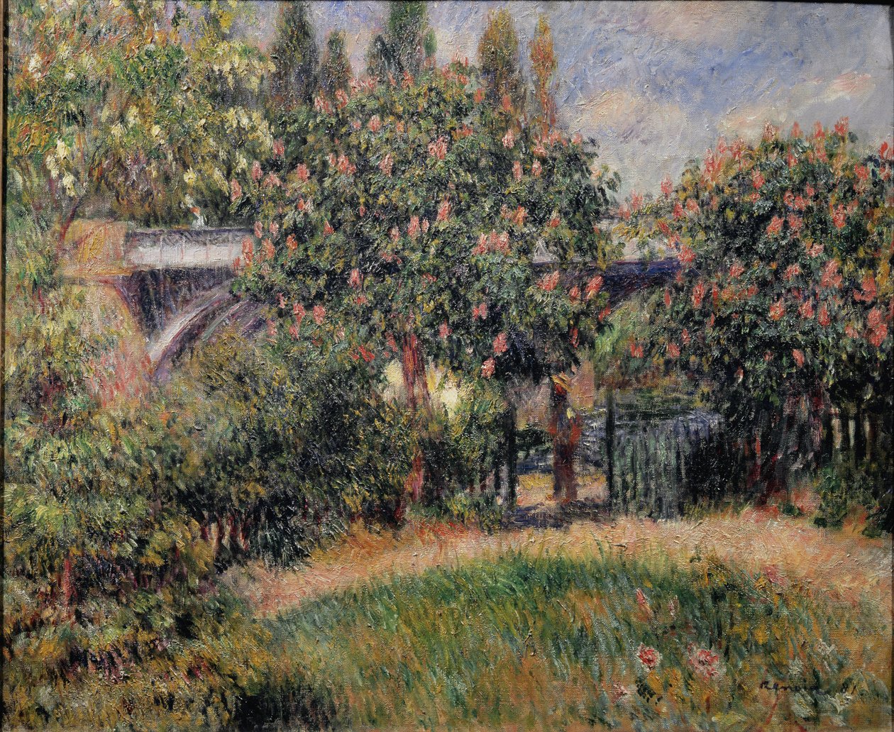 A ponte ferroviária em Chatou ou os castanheiros cor-de-rosa - 1881. Óleo sobre tela de Pierre Auguste Renoir